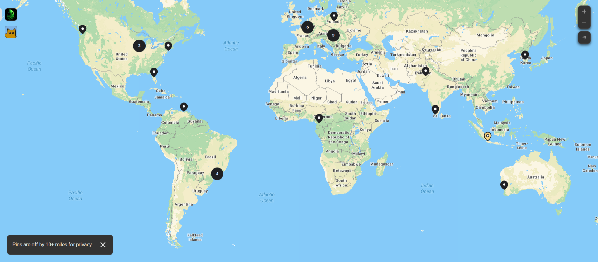 World map showing Emp0 Skool community members from 30+ countries across all continents